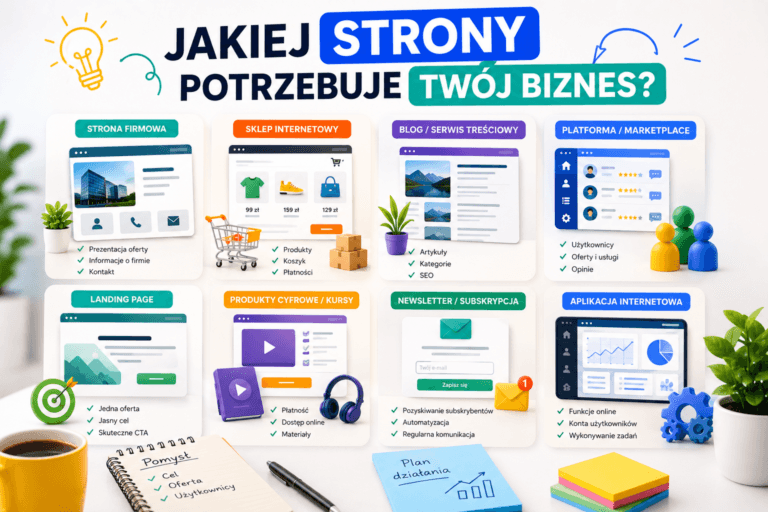 Rodzaje stron internetowych dla biznesu: strona firmowa, sklep, blog, landing page i aplikacja