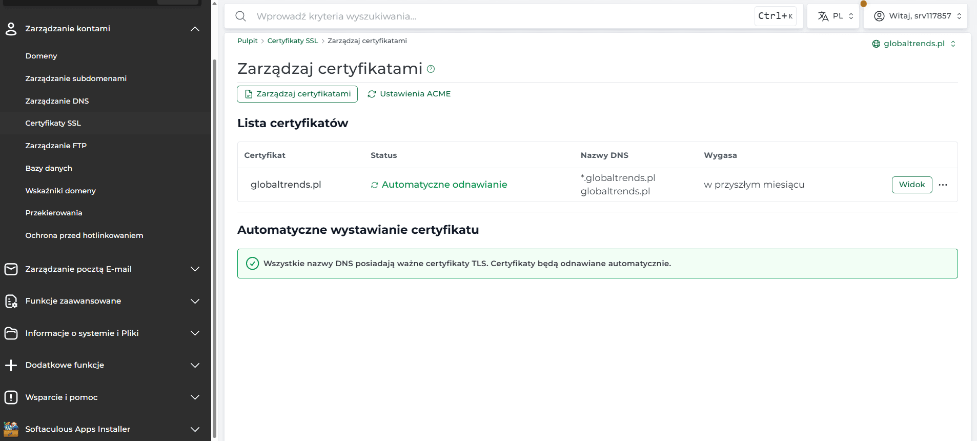 Ważny i automatycznie odnawiany certyfikat SSL dla domeny globaltrends.pl w DirectAdmin