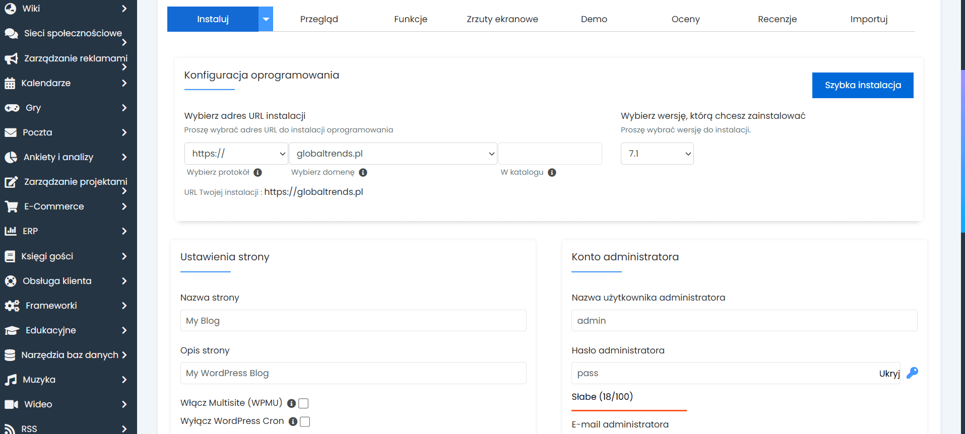Formularz instalacji WordPressa w Softaculous na hostingu SeoHost