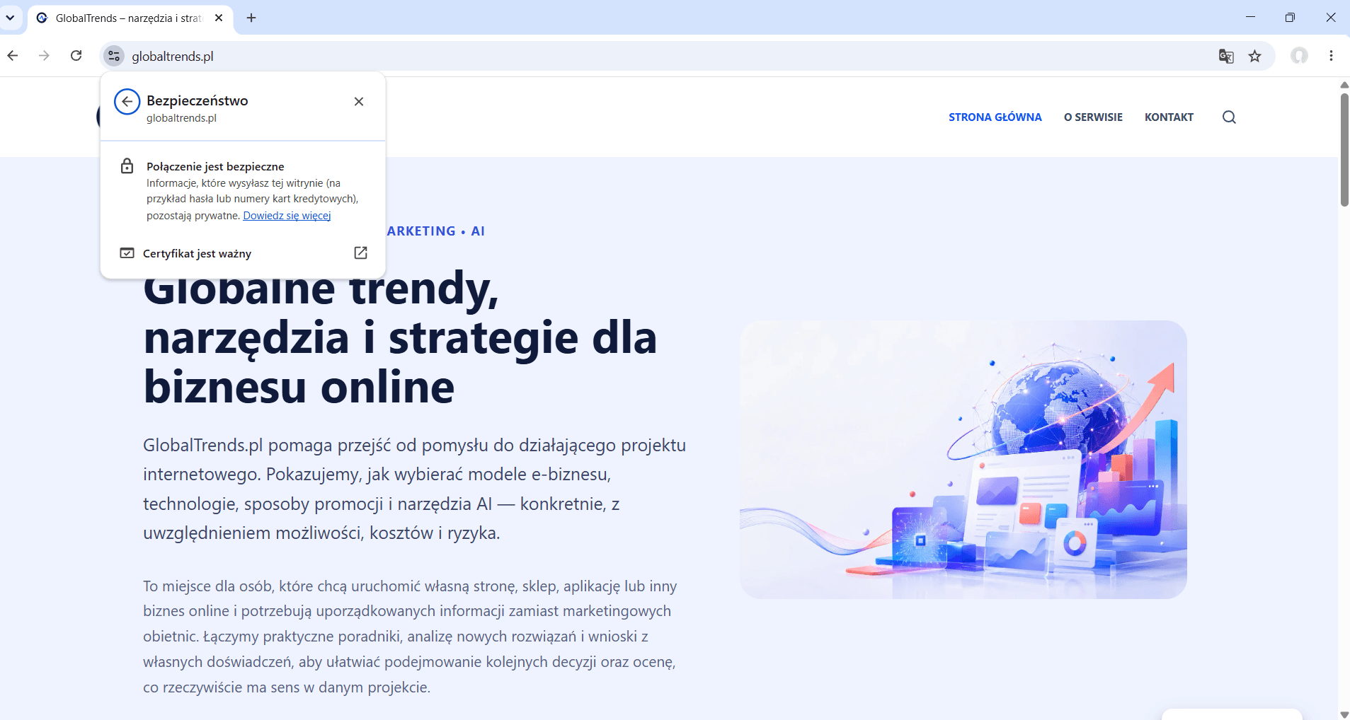 Strona GlobalTrends.pl z informacją o bezpiecznym połączeniu i ważnym certyfikacie