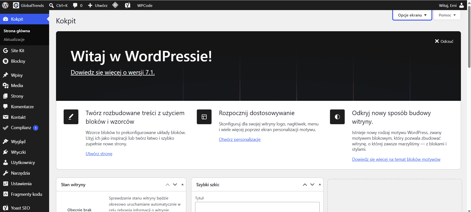 Kokpit WordPressa na stronie GlobalTrends.pl