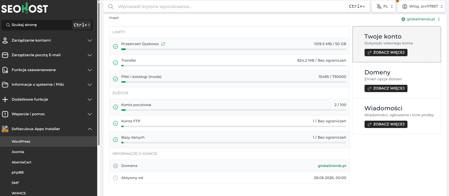 WordPress w Softaculous Apps Installer w panelu DirectAdmin SeoHost
