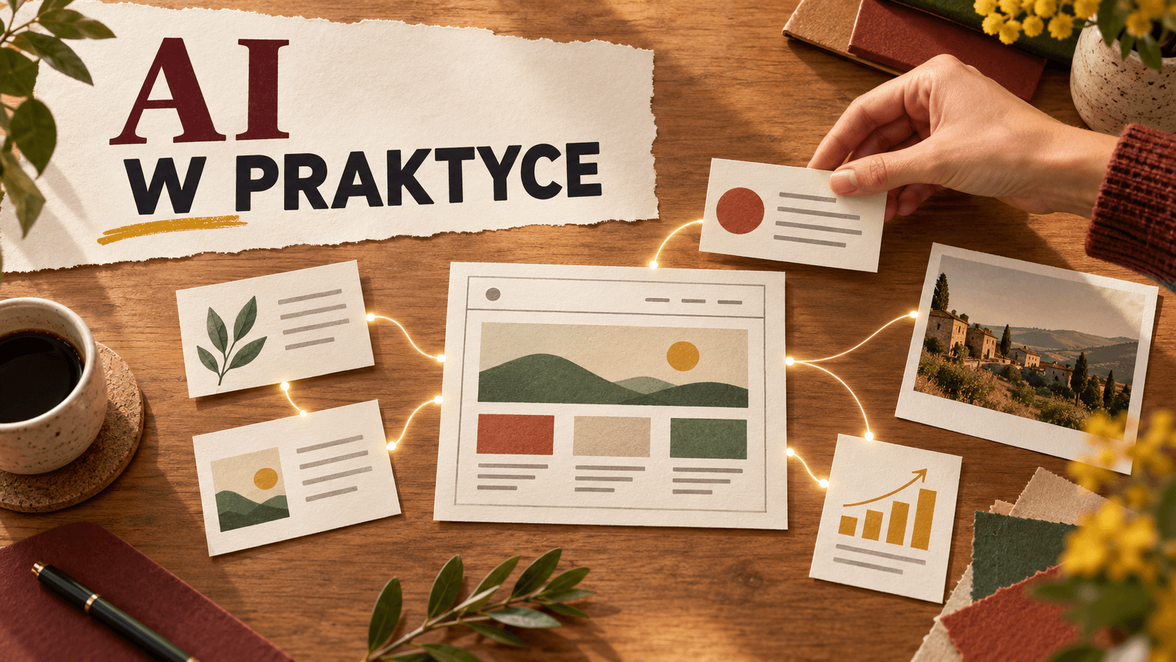 Papierowy projekt strony, karty treści i wykres połączone liniami pod napisem AI W PRAKTYCE