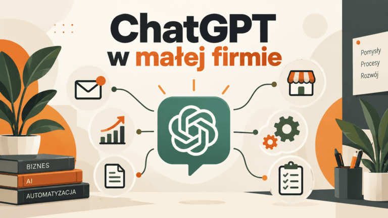 ChatGPT w małej firmie — logo połączone z ikonami e-maila, sklepu, wykresu, dokumentu, zadań i automatyzacji