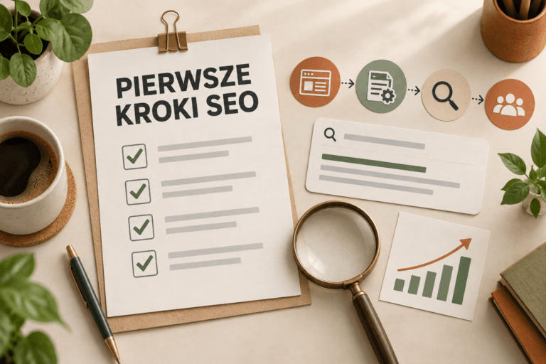 Checklista pierwszych kroków SEO z symbolem wyszukiwarki i wykresem widoczności