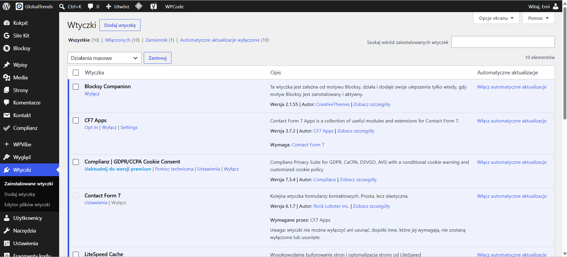 Aktywne wtyczki WordPress na GlobalTrends.pl