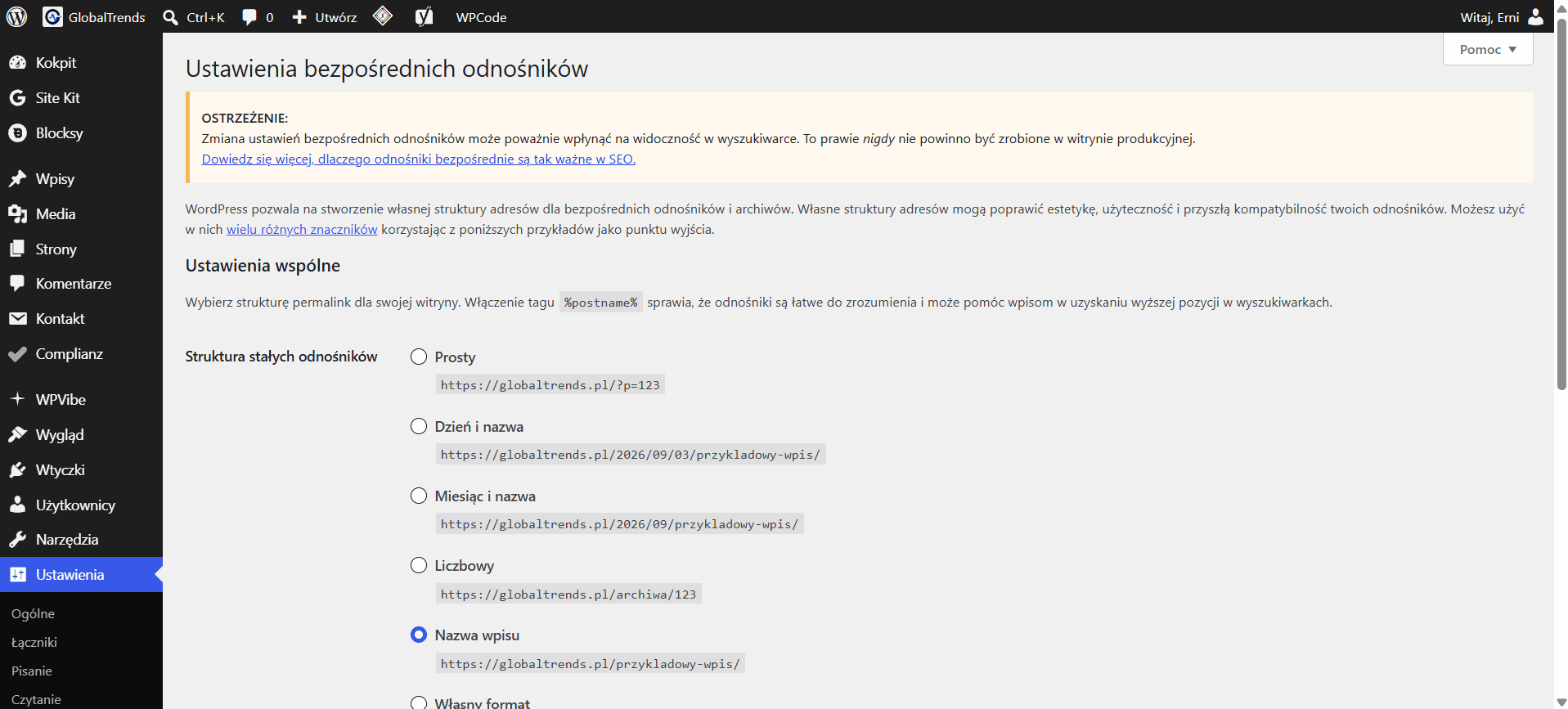 Ustawienia bezpośrednich odnośników WordPress
